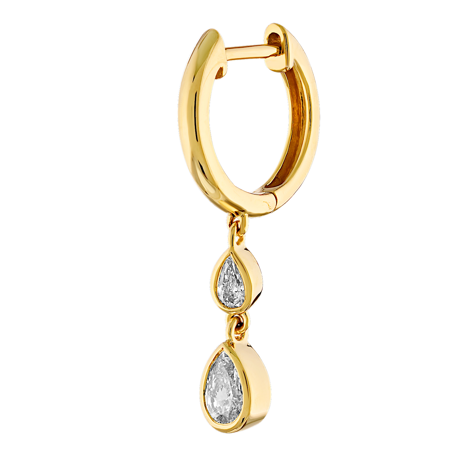 14K Yellow Gold Plain Hoops with Bezel Set Double Pear Shape Drop Diamond Earrings 0.56 Ctw