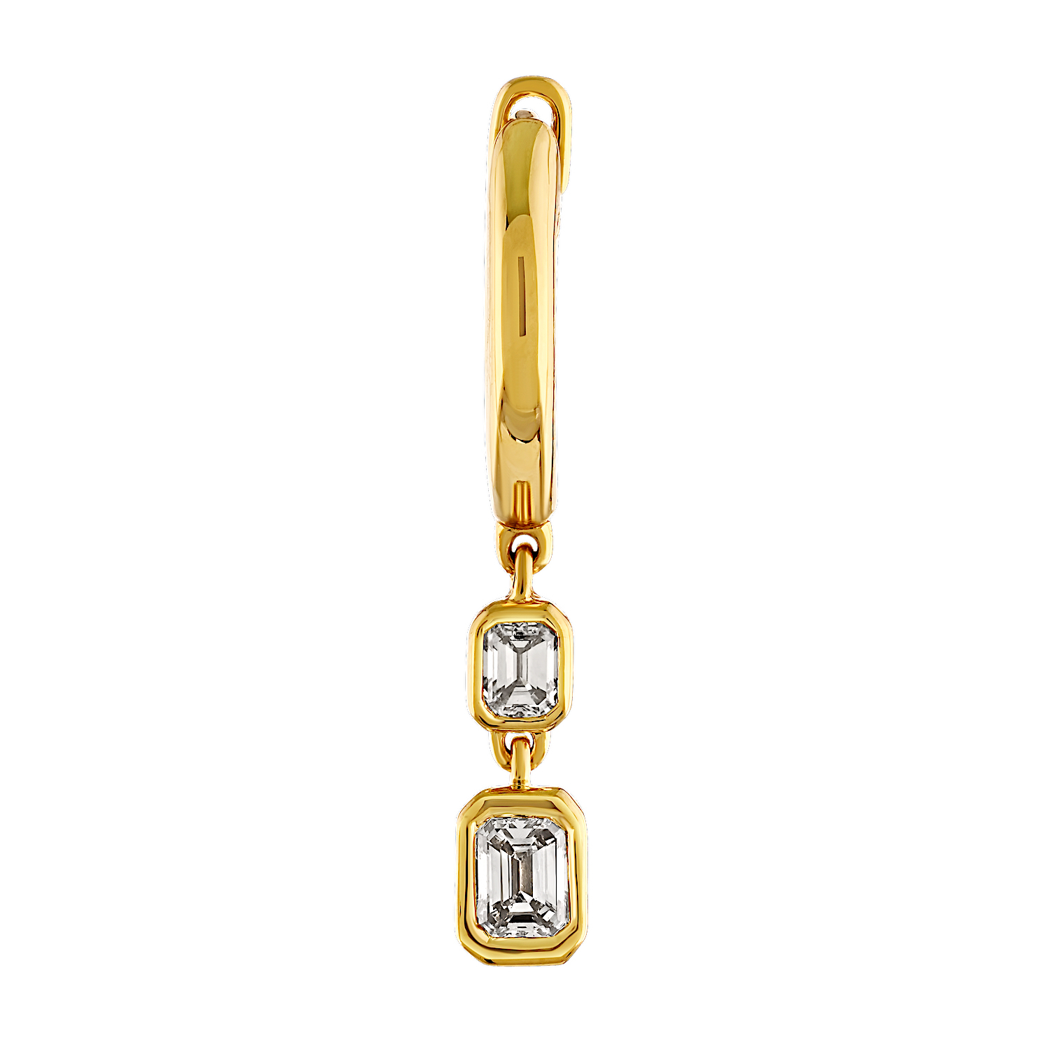 14K Yellow Gold Plain Hoops with Double Emerald Cut Bezel Set Drops Diamond Earrings 0.56 Ctw
