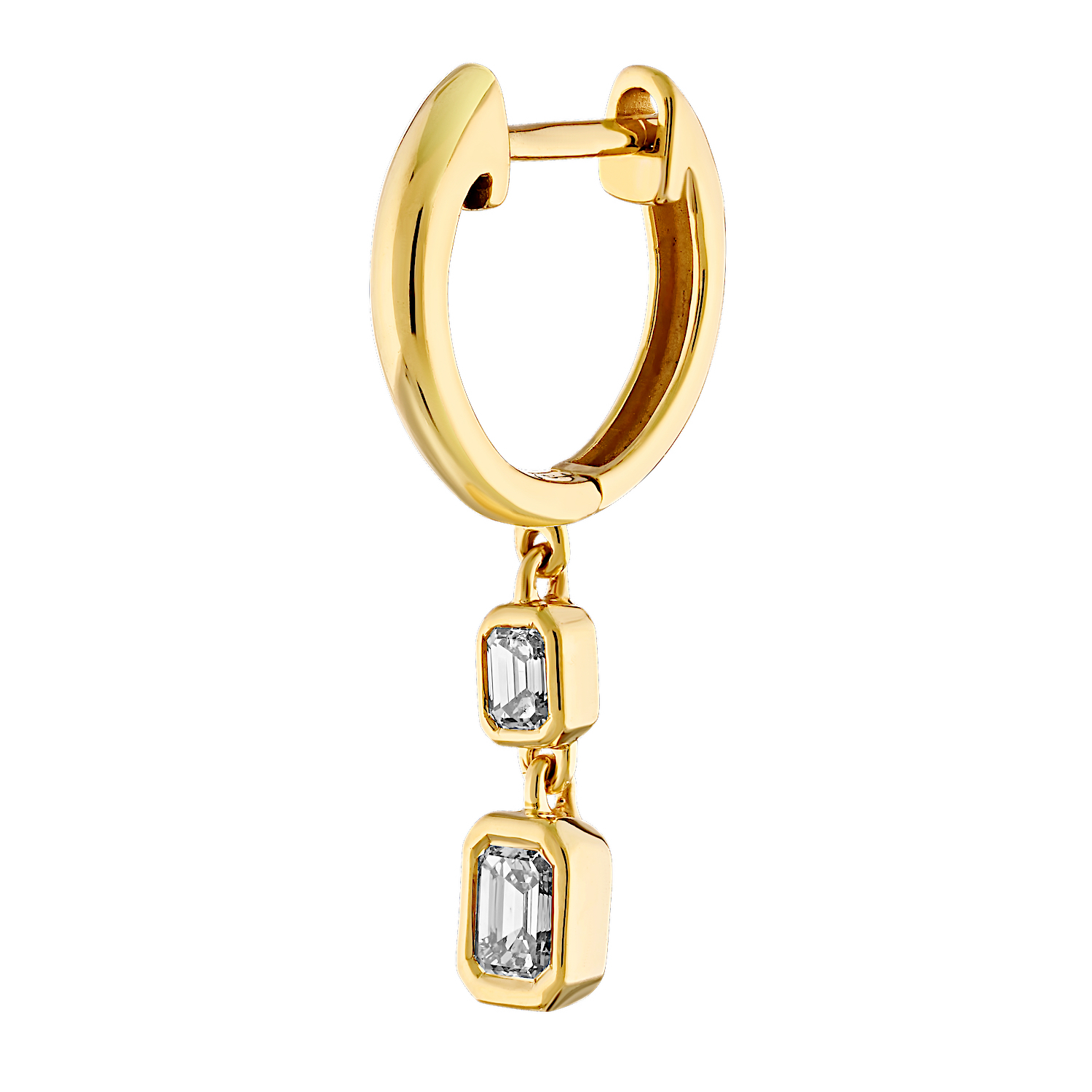 14K Yellow Gold Plain Hoops with Double Emerald Cut Bezel Set Drops Diamond Earrings 0.56 Ctw