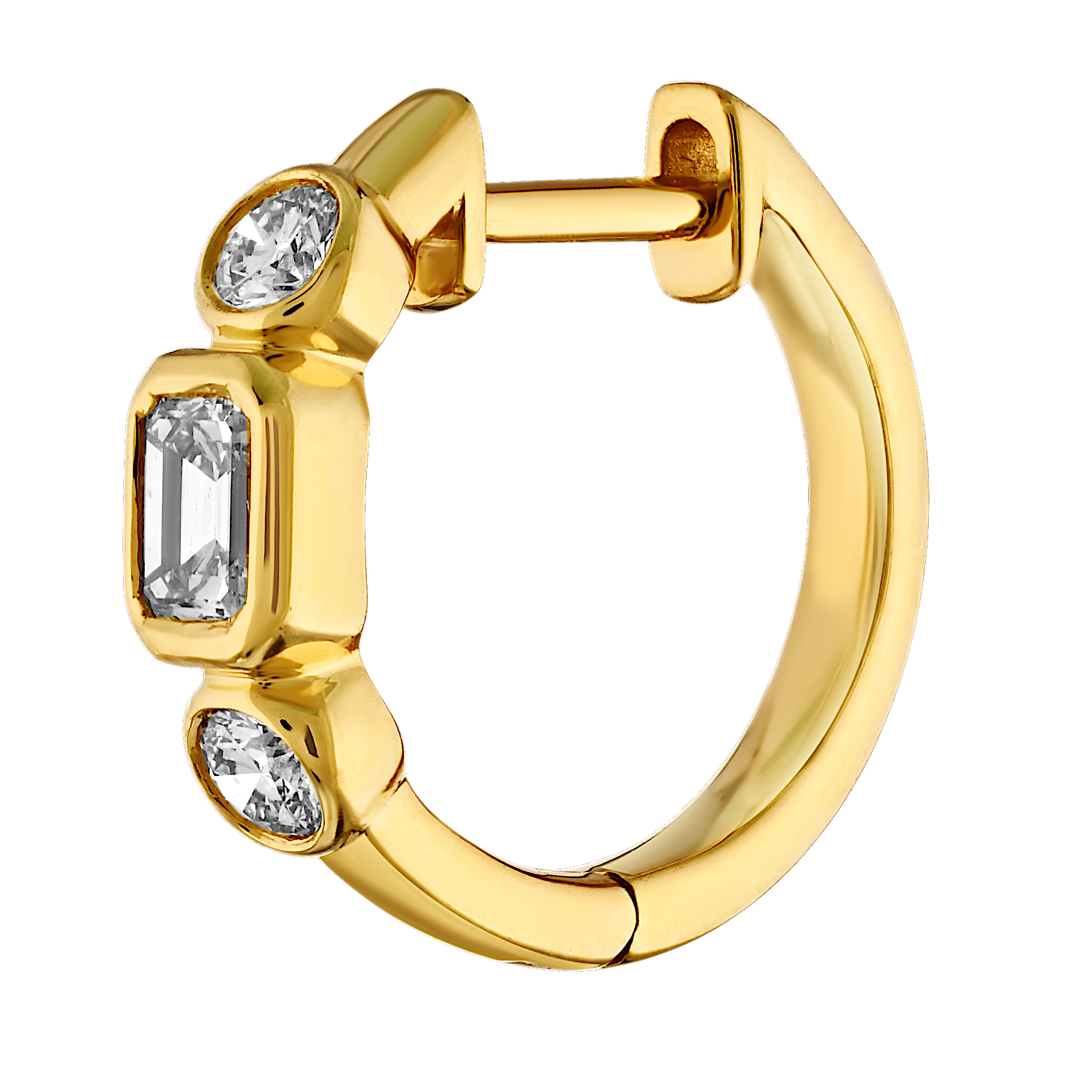 14K Yellow Gold Hoops with Emerald & Round Bezel Set Diamond Earrings 0.63 Ctw