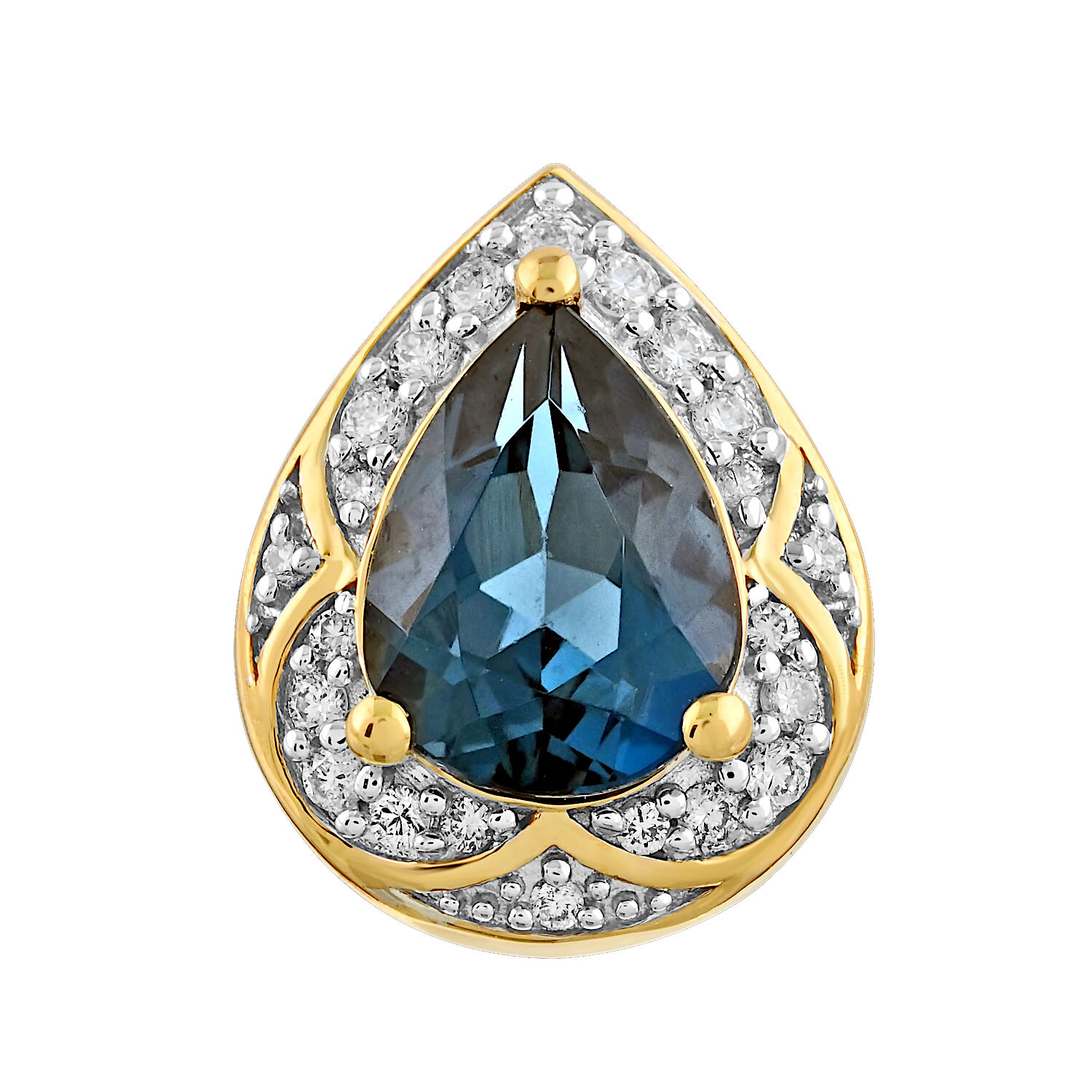 Majestic Gems™ 14k Yellow Gold Pear Shape Blue Topaz with Halo Milgrain Edge Studs Blue Topaz & Diamond 2.23 Ctw
