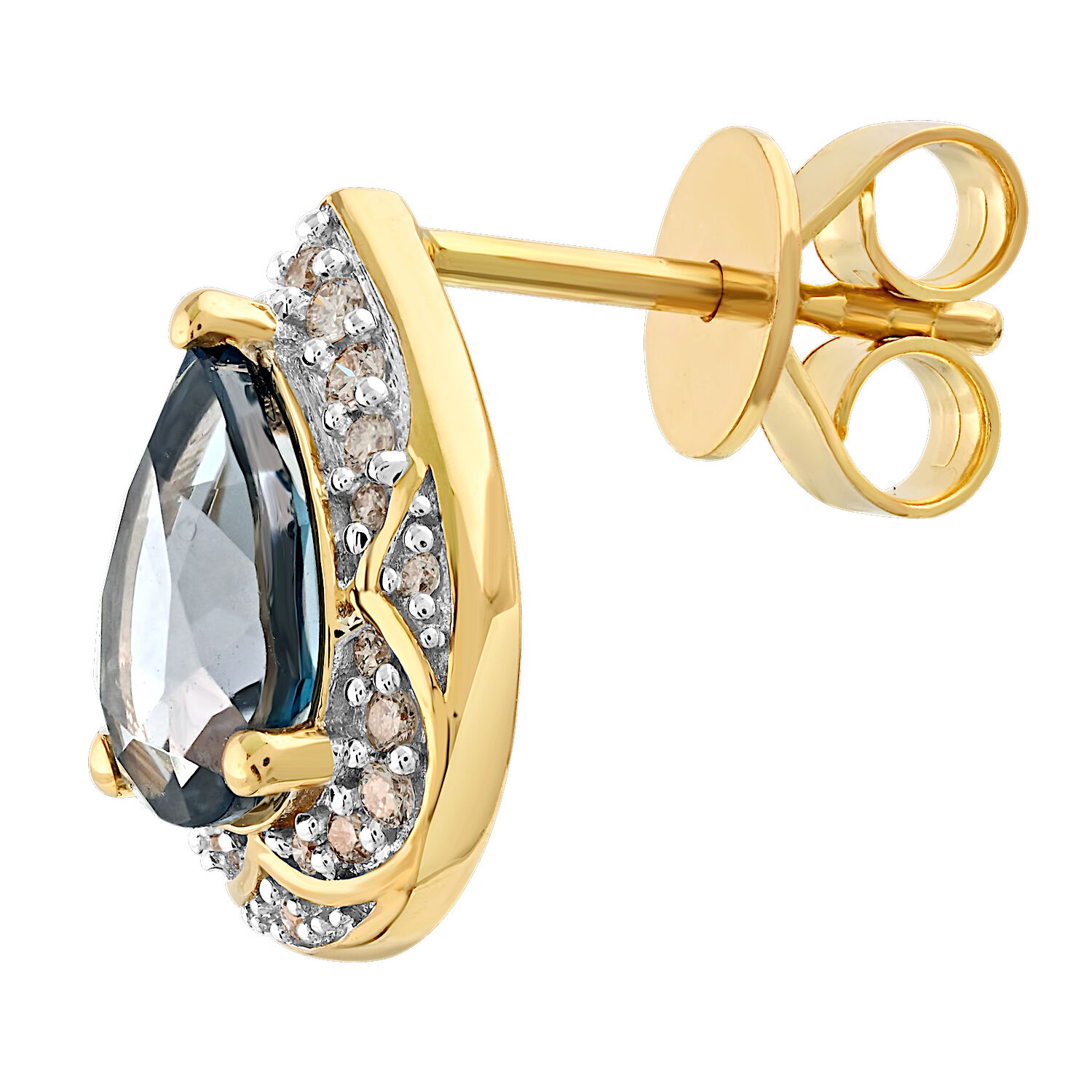 Majestic Gems™ 14k Yellow Gold Pear Shape Blue Topaz with Halo Milgrain Edge Studs Blue Topaz & Diamond 2.23 Ctw