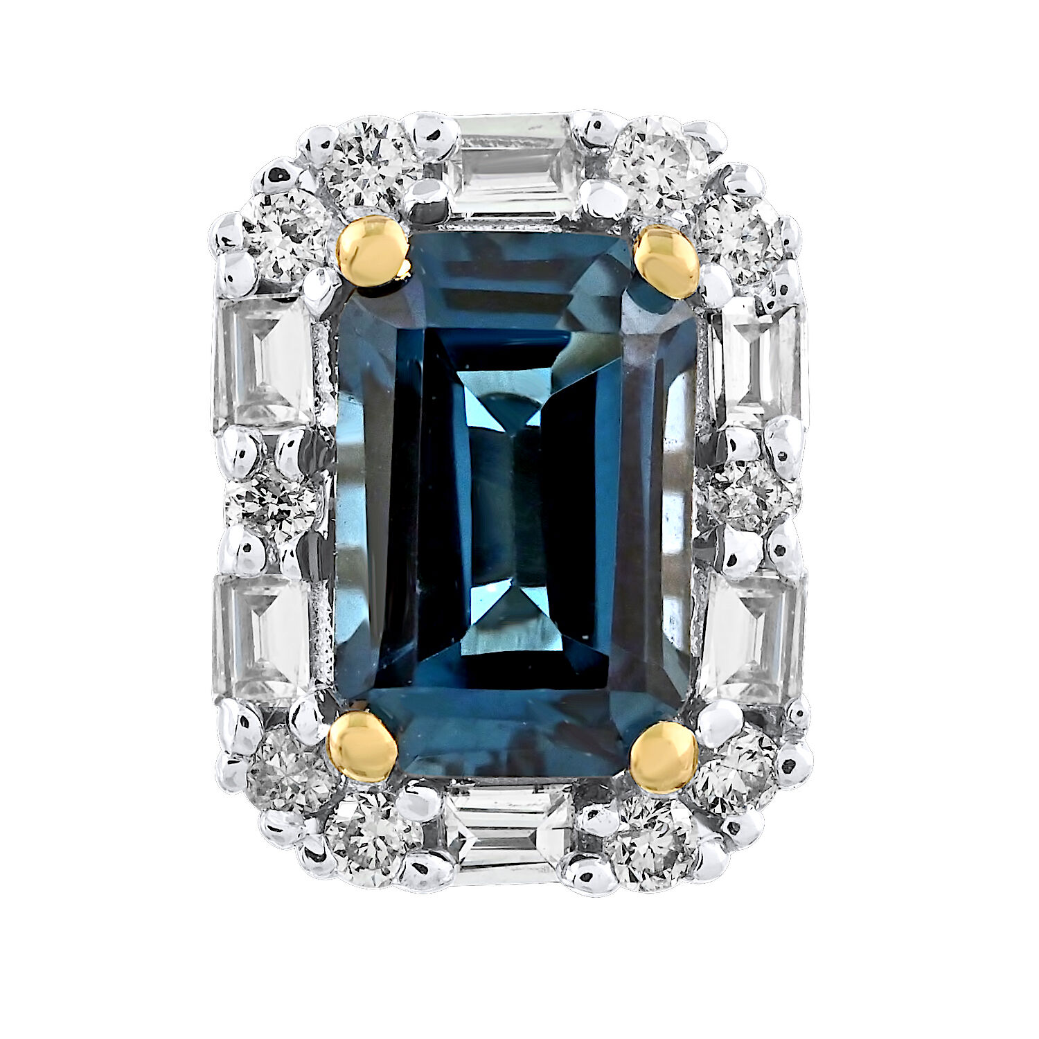 Majestic Gems™ 14k Yellow Gold Emerald Cut Blue Topaz Round & Baguette Halo Studs Blue Topaz & Diamond 2.27 Ctw