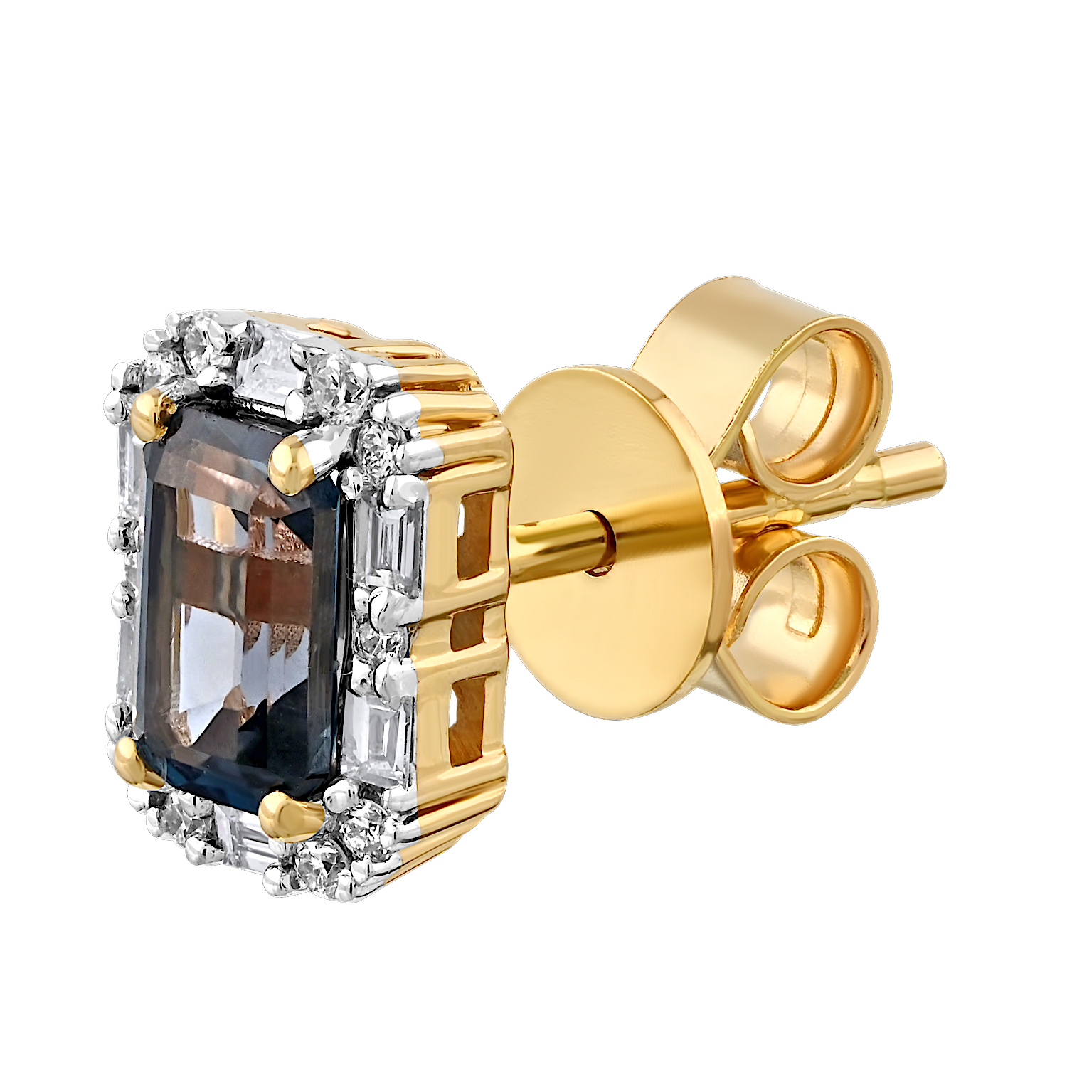 Majestic Gems™ 14k Yellow Gold Emerald Cut Blue Topaz Round & Baguette Halo Studs Blue Topaz & Diamond 2.27 Ctw