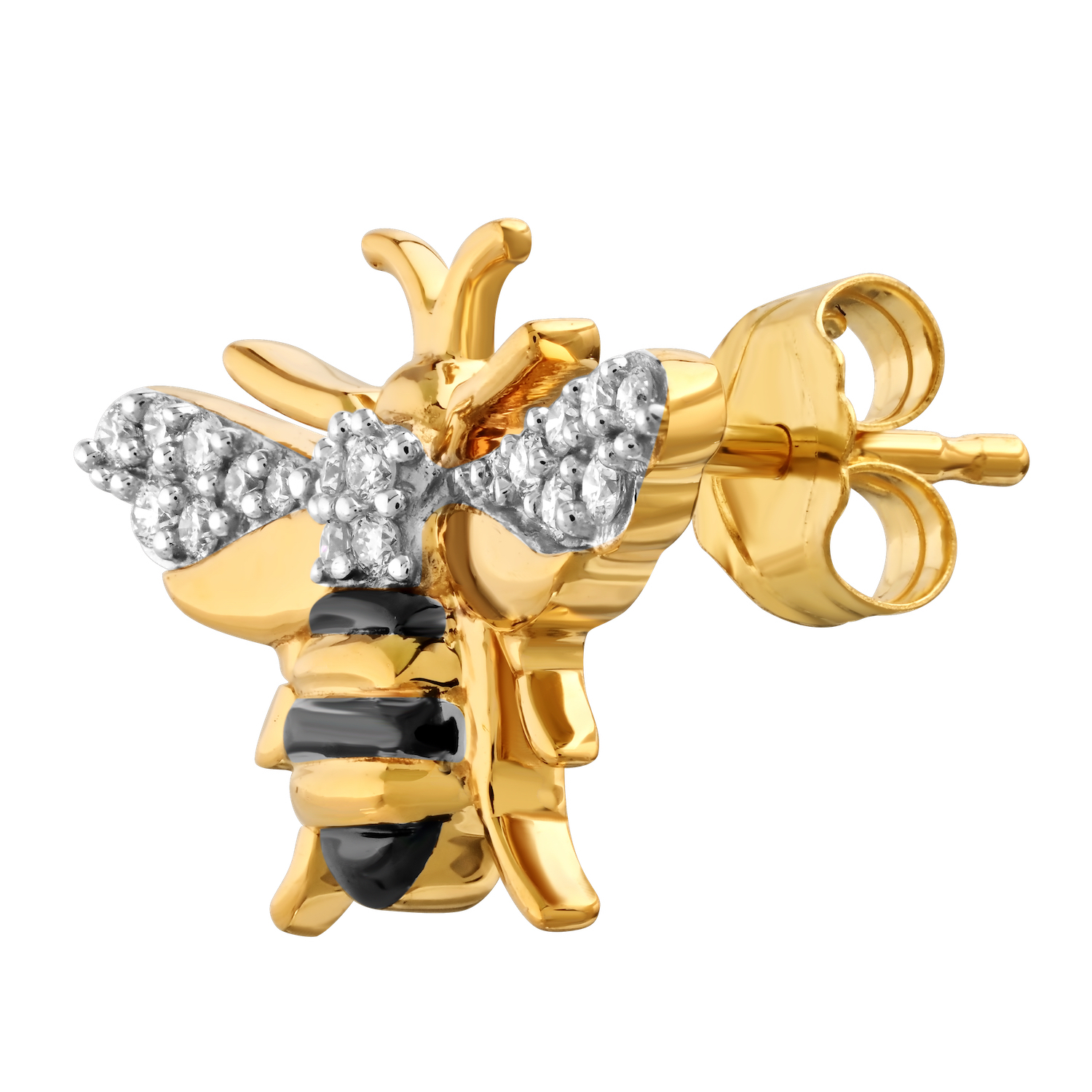 ZooLightful™ 14K Yellow Gold Bumble Bees Enamel & Pave Studs Earrings Diamond 0.17 Ctw