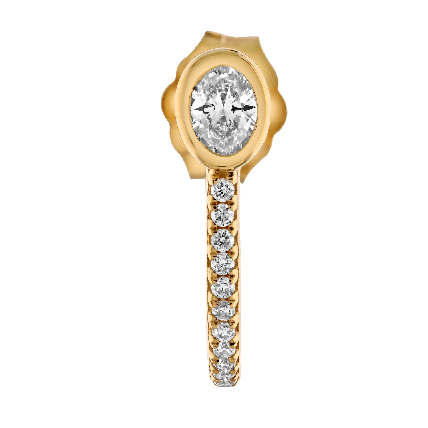 14K Yellow Gold J Hoops with Bezel Set Oval Cut at Top 26 Stones Diamond Earrings 0.23 Ctw