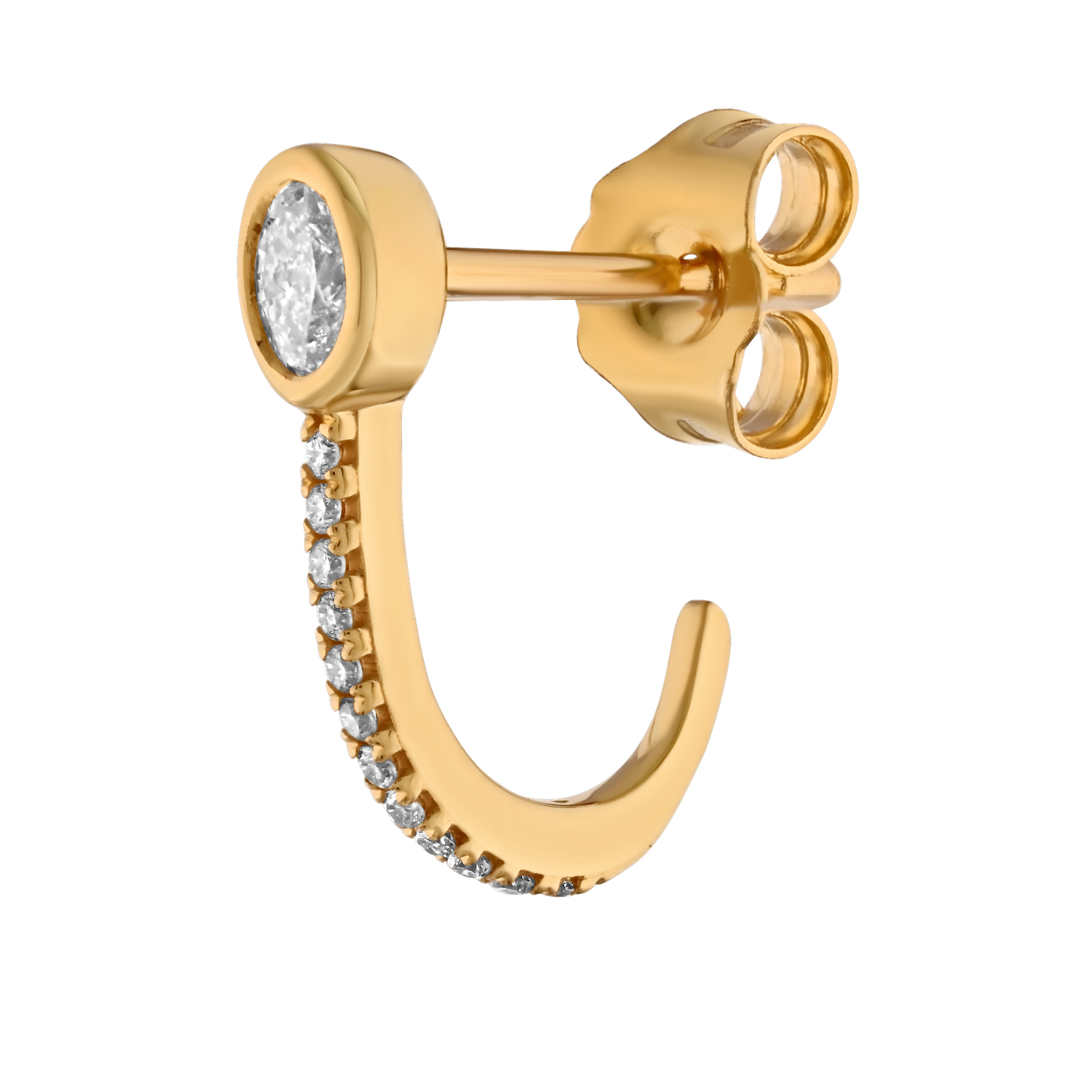 14K Yellow Gold J Hoops with Bezel Set Oval Cut at Top 26 Stones Diamond Earrings 0.23 Ctw