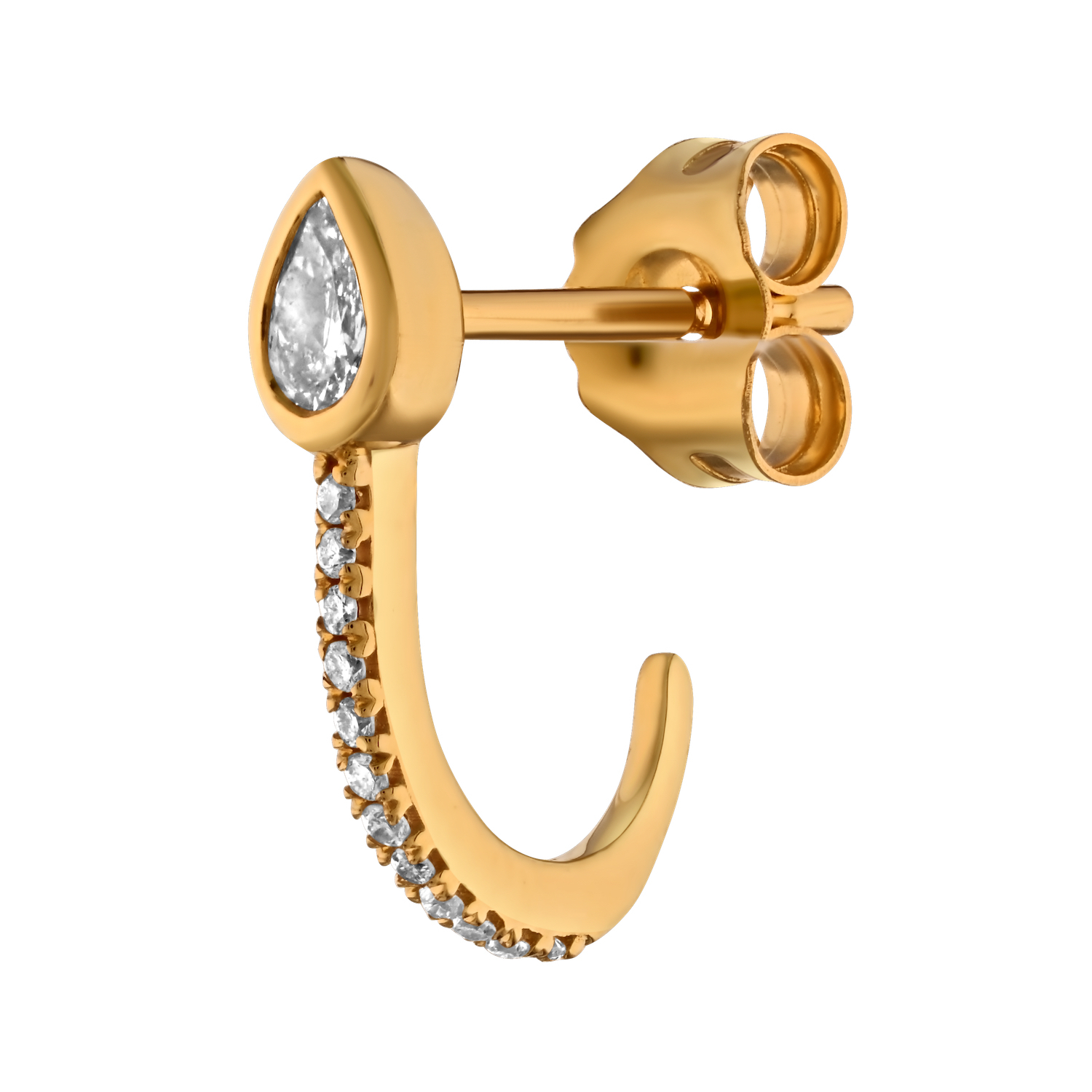 14K Yellow Gold J Hoops with Bezel Set Pear Shape at Top Diamond Earrings 0.23 Ctw