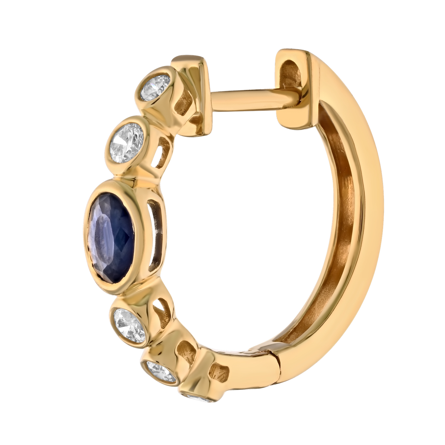 Majestic Gems™ 14k Yellow Gold Bezel Set Hoops Oval Color Center & Bezel Set Diamonds Blue Sapphire & Diamond 0.62 Ctw