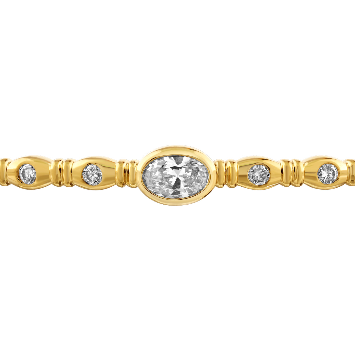 14K Yellow Gold Bezel Set Oval Center & Bezel Set Rounds with Bars Between Diamond Bangle 0.48 Ctw
