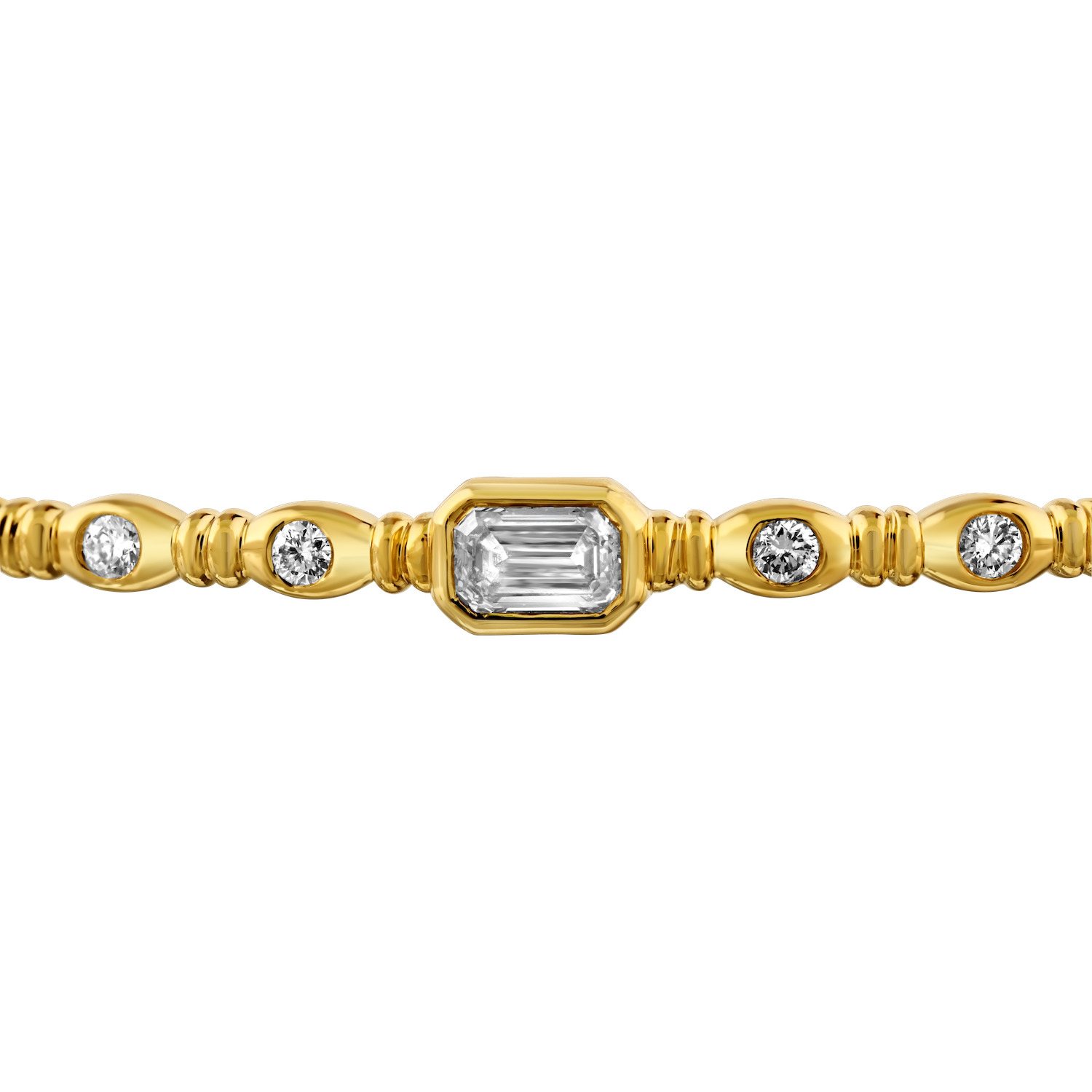 14K Yellow Gold Bezel Set Emerald Cut Center & Bezel Set Rounds with Bars Between Diamond Bangle 0.48 Ctw
