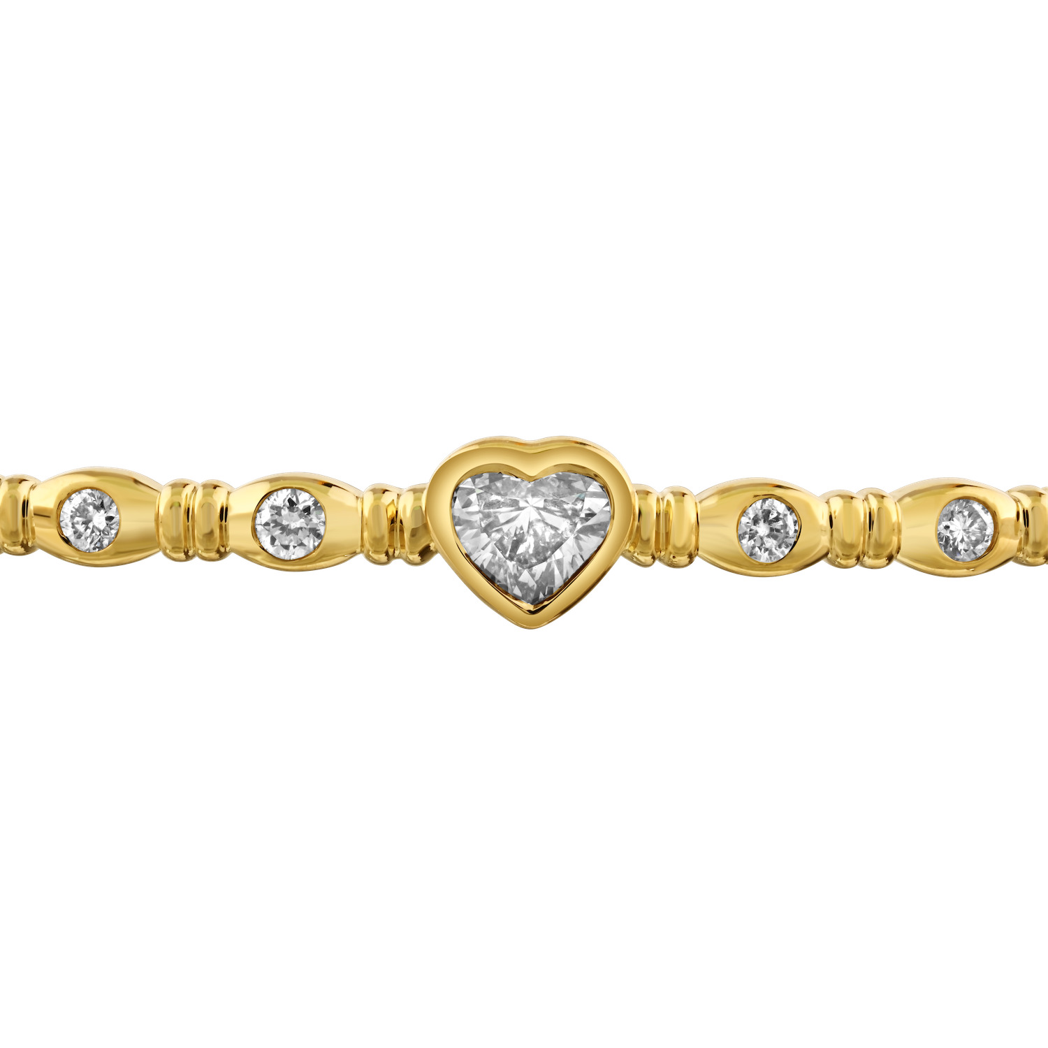 14K Yellow Gold Bezel Set Heart Shape Center & Bezel Set Rounds with Bars Between Diamond Bangle 0.48 Ctw