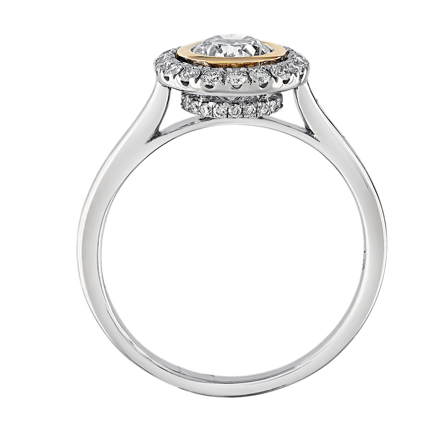 Bridal Collection 14K Two Tone Round Bezel Set Center with Halo & Hidden Halo Diamond 1.01 Ctw