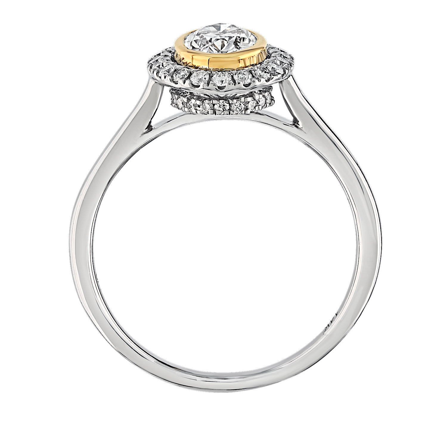 Bridal Collection 14K Two Tone Oval Bezel Set Center with Halo & Hidden Halo Diamond 1.02 Ctw