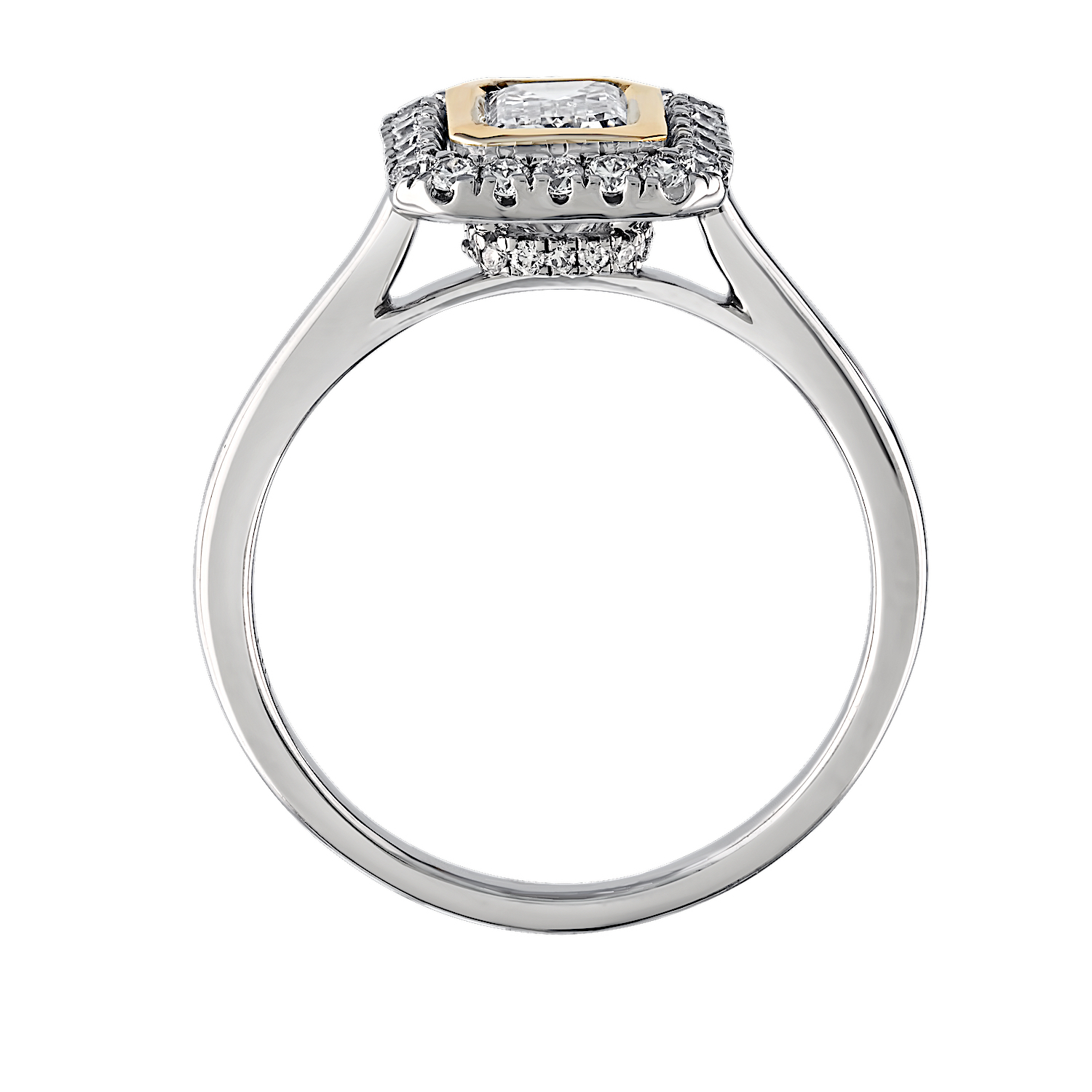 Bridal Collection 14K Two Tone Emerald Cut Bezel Set Center with Halo & Hidden Halo Diamond 1.04 Ctw