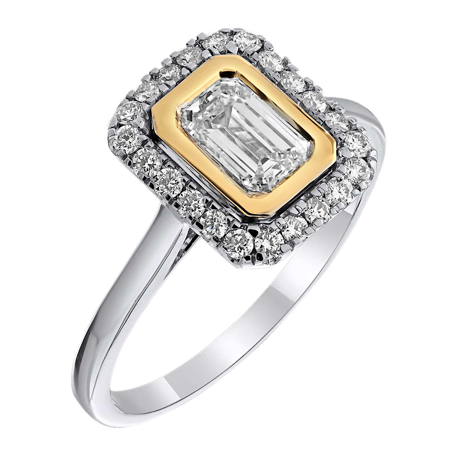 Bridal Collection 14K Two Tone Emerald Cut Bezel Set Center with Halo & Hidden Halo Diamond 1.04 Ctw