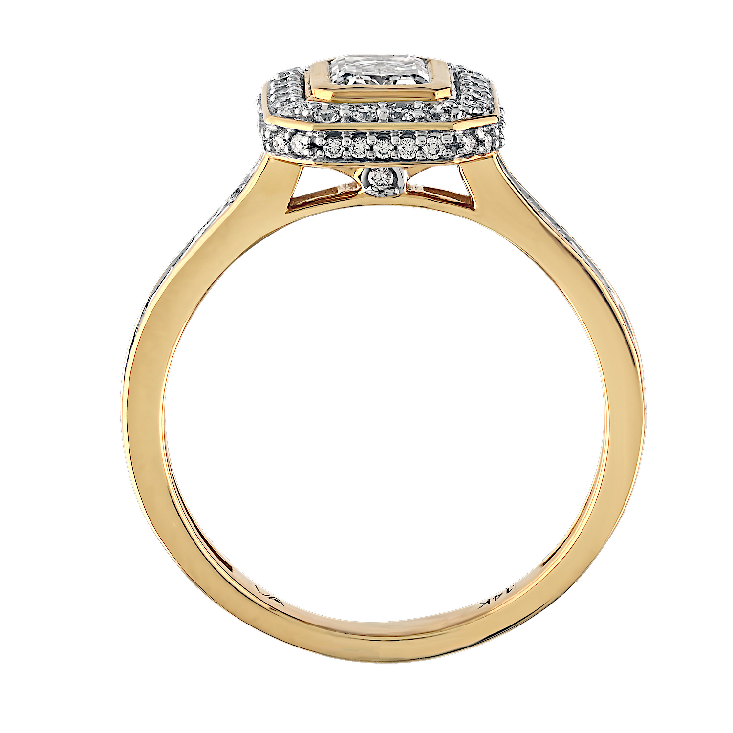 Bridal Collection 14K Yellow Gold Emerald Cut Bezel Set Center with Halo Channel Set Baguette Shoulders Diamond 1.19 Ctw