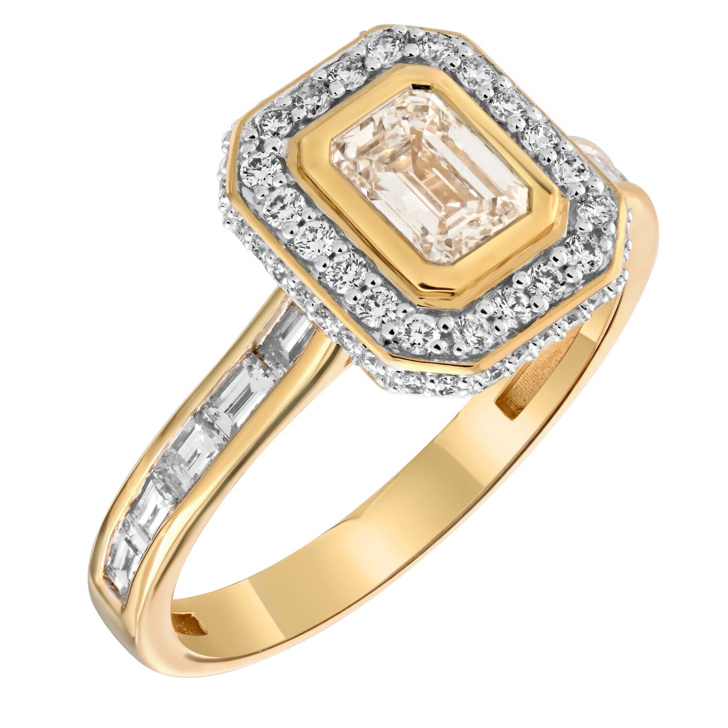 Bridal Collection 14K Yellow Gold Emerald Cut Bezel Set Center with Halo Channel Set Baguette Shoulders Diamond 1.19 Ctw
