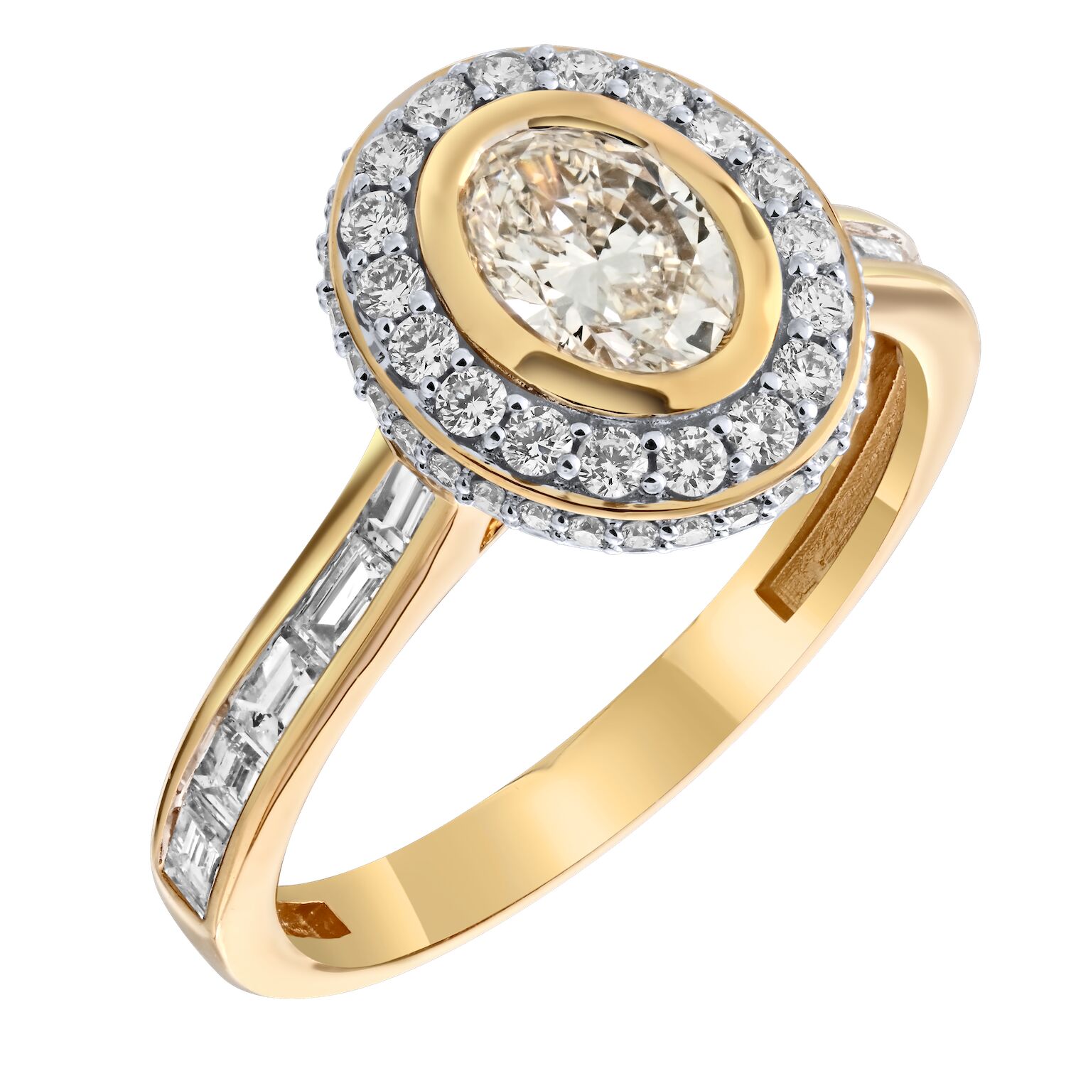 Bridal Collection 14K Yellow Gold Oval Bezel Set Center with Halo Channel Set Baguette Shoulders Diamond 1.25 Ctw