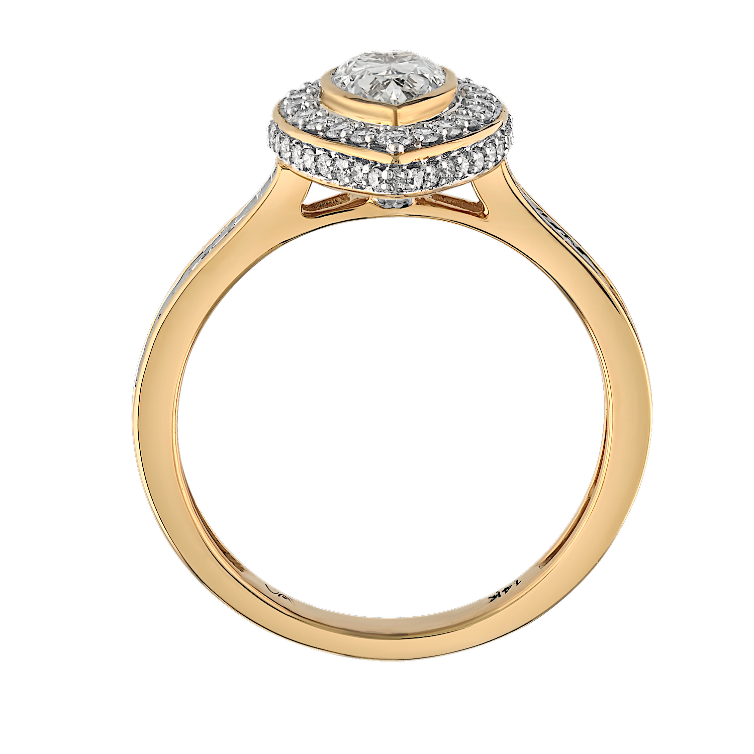 Bridal Collection 14K Yellow Gold Pear Shape Bezel Set Center with Halo Baguette Channel Set Shoulders Lgd - Diamond Rd 1.20 Ctw