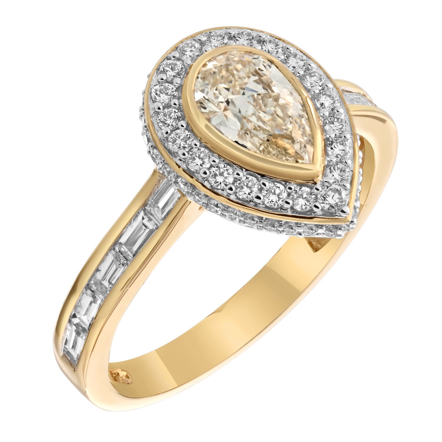 Bridal Collection 14K Yellow Gold Pear Shape Bezel Set Center with Halo Baguette Channel Set Shoulders Lgd - Diamond Rd 1.20 Ctw