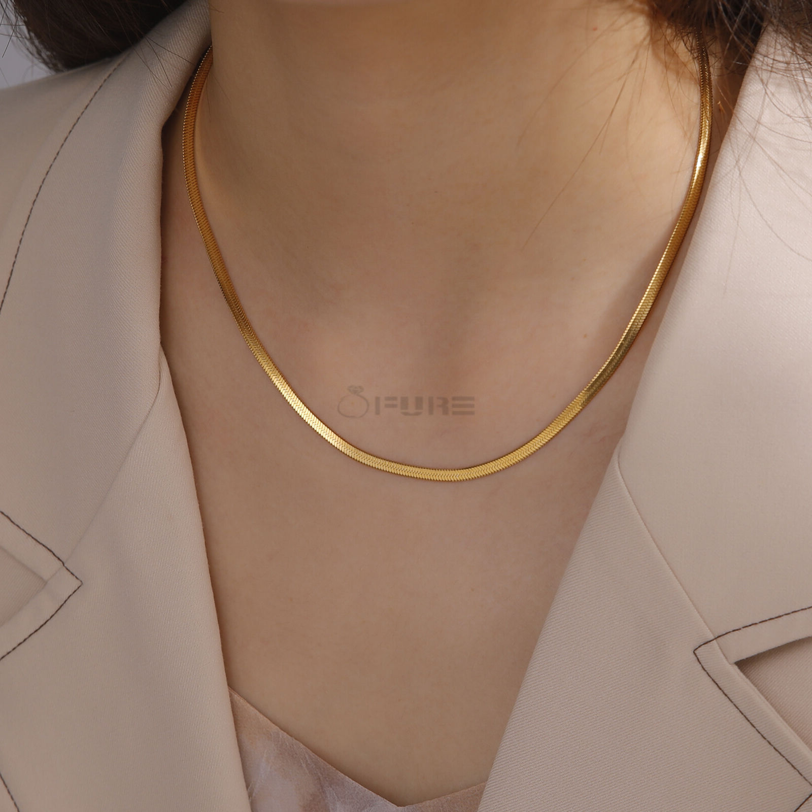 14K Gold Plated Snake Chain Necklace For Women - Adjustable 3mm Flat Herringbone Choker, 13+2.5 Inches, Dainty Layering Jewelry - View #5