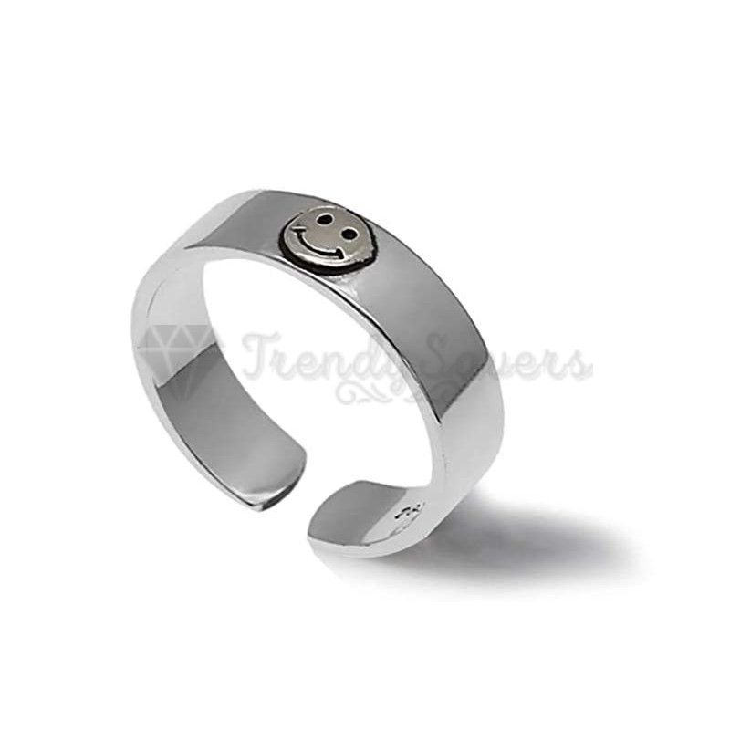 Men Women Sterling Silver Happy Smiley Face Adjustable Funky