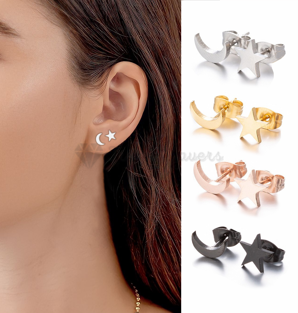 Moon Star Stud Earrings Surgical Steel Ear Cartilage