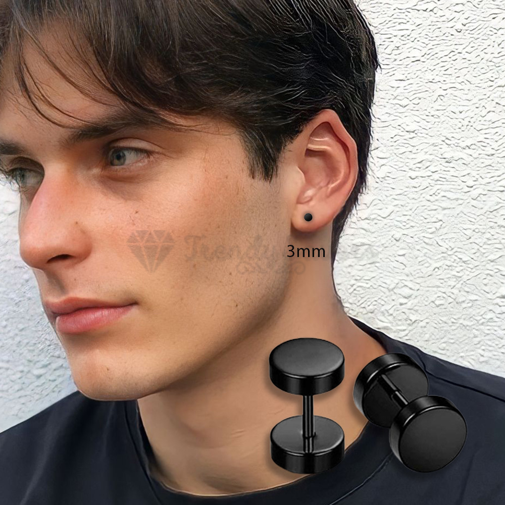 TT Surgical Steel Black Fibre Fake Plug Earrings – A Pair, Nickel-Free, Screw-On, With CZ Accent