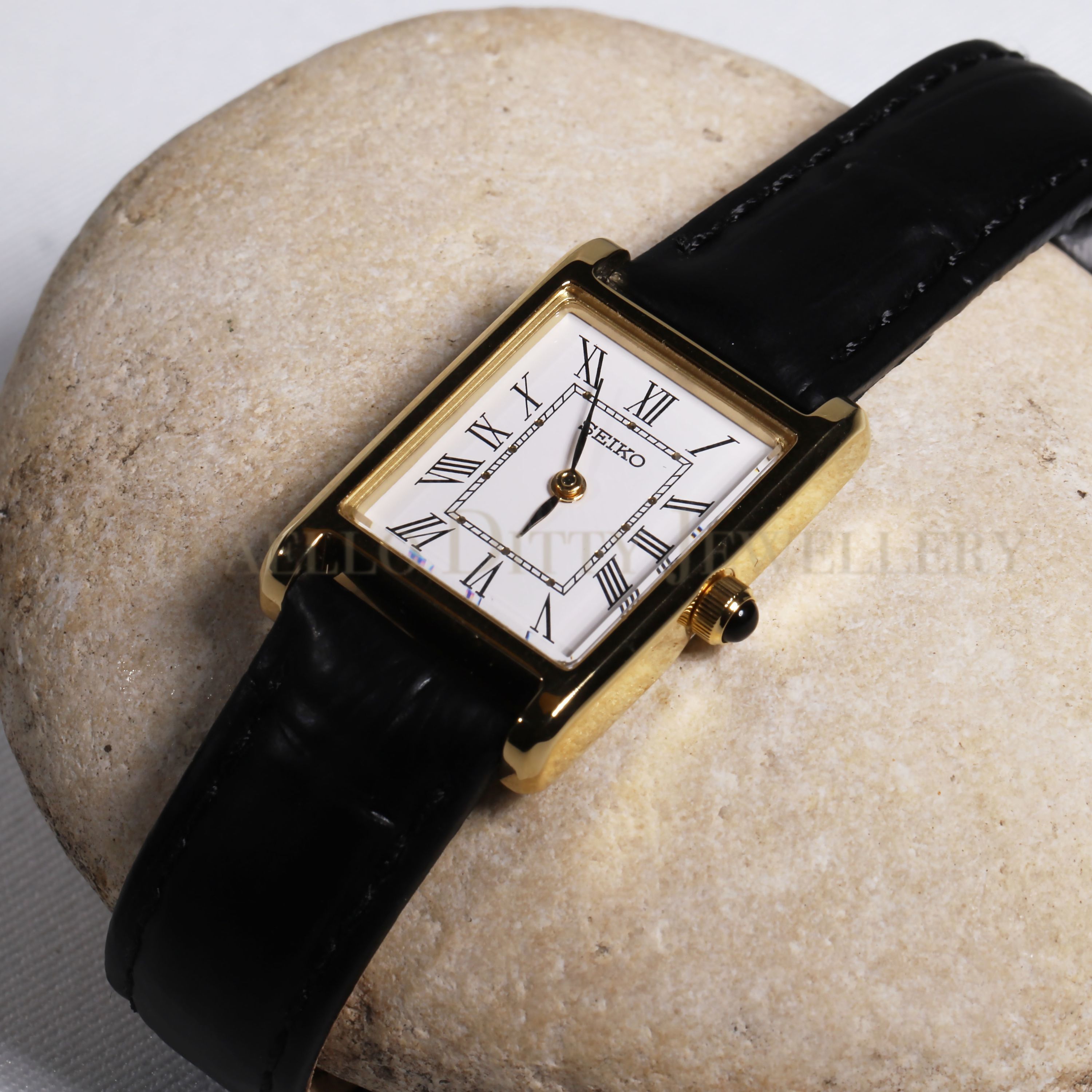 SEIKO Ladies Watch White Dial Black Leather Rectangle Gold