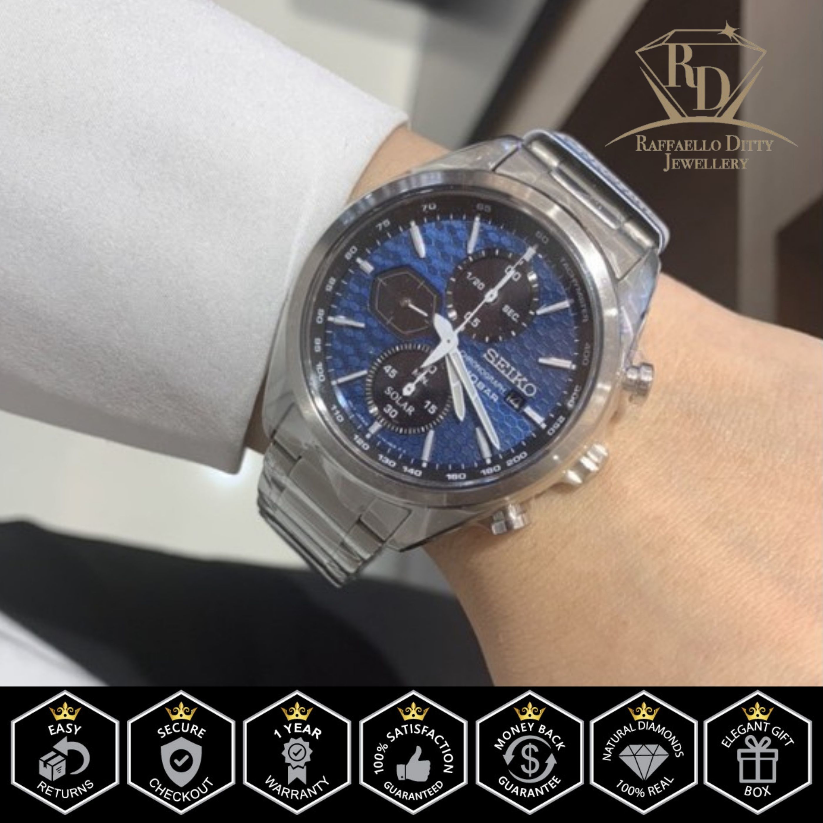 SEIKO Men's Watch Solar Powered Chronograph Blue Dial Silver