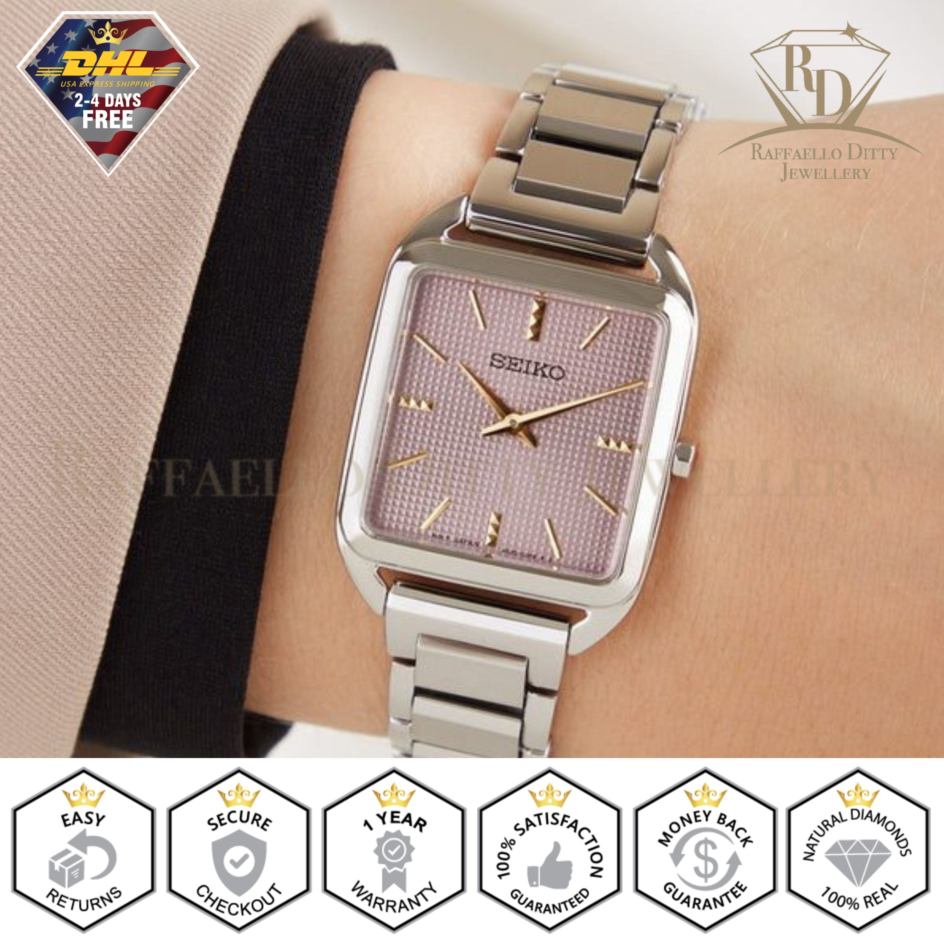 SEIKO Ladies Watch Quartz Analog Rectangle Pink Dial