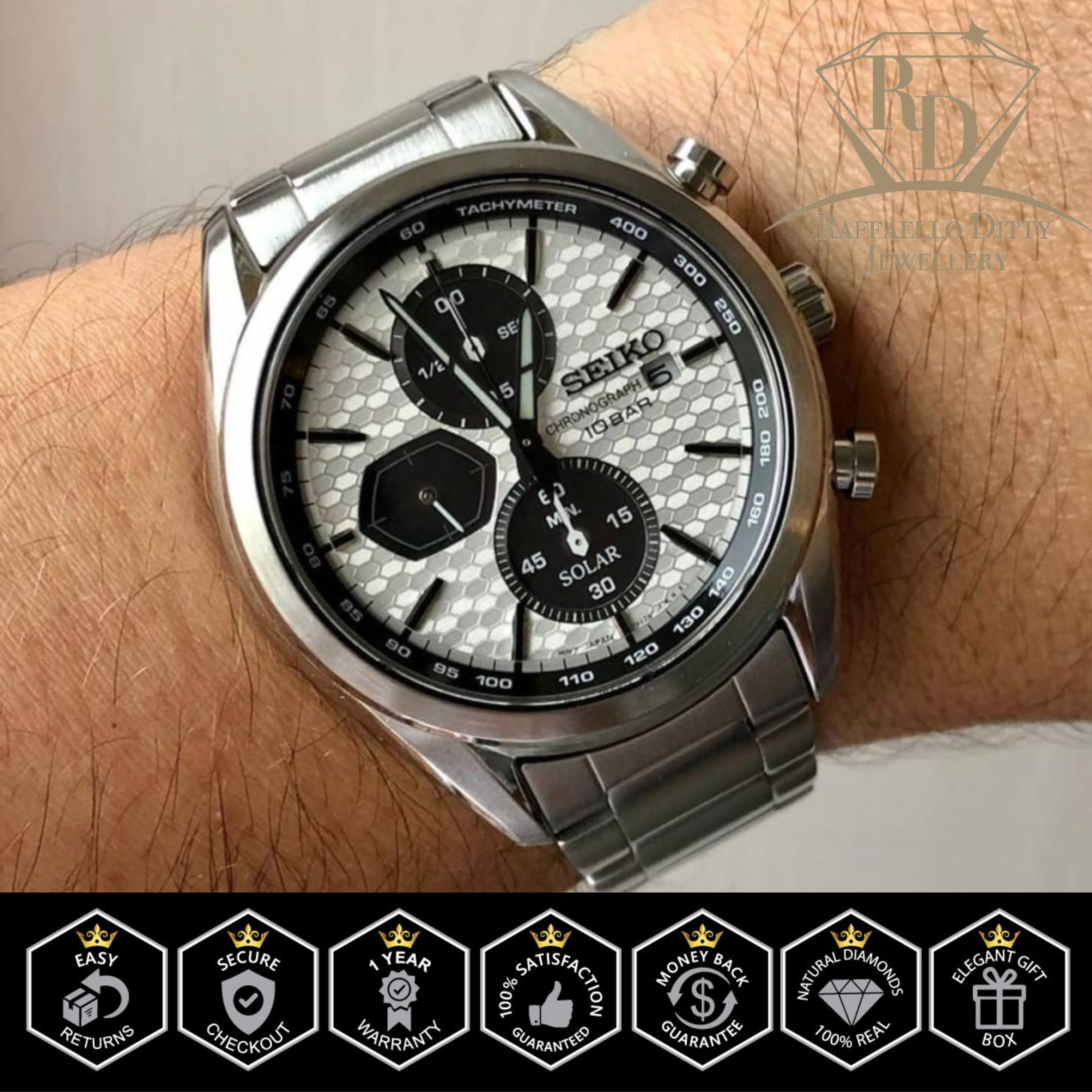 SEIKO Men's Watch Solar Chronograph White Dial Silver