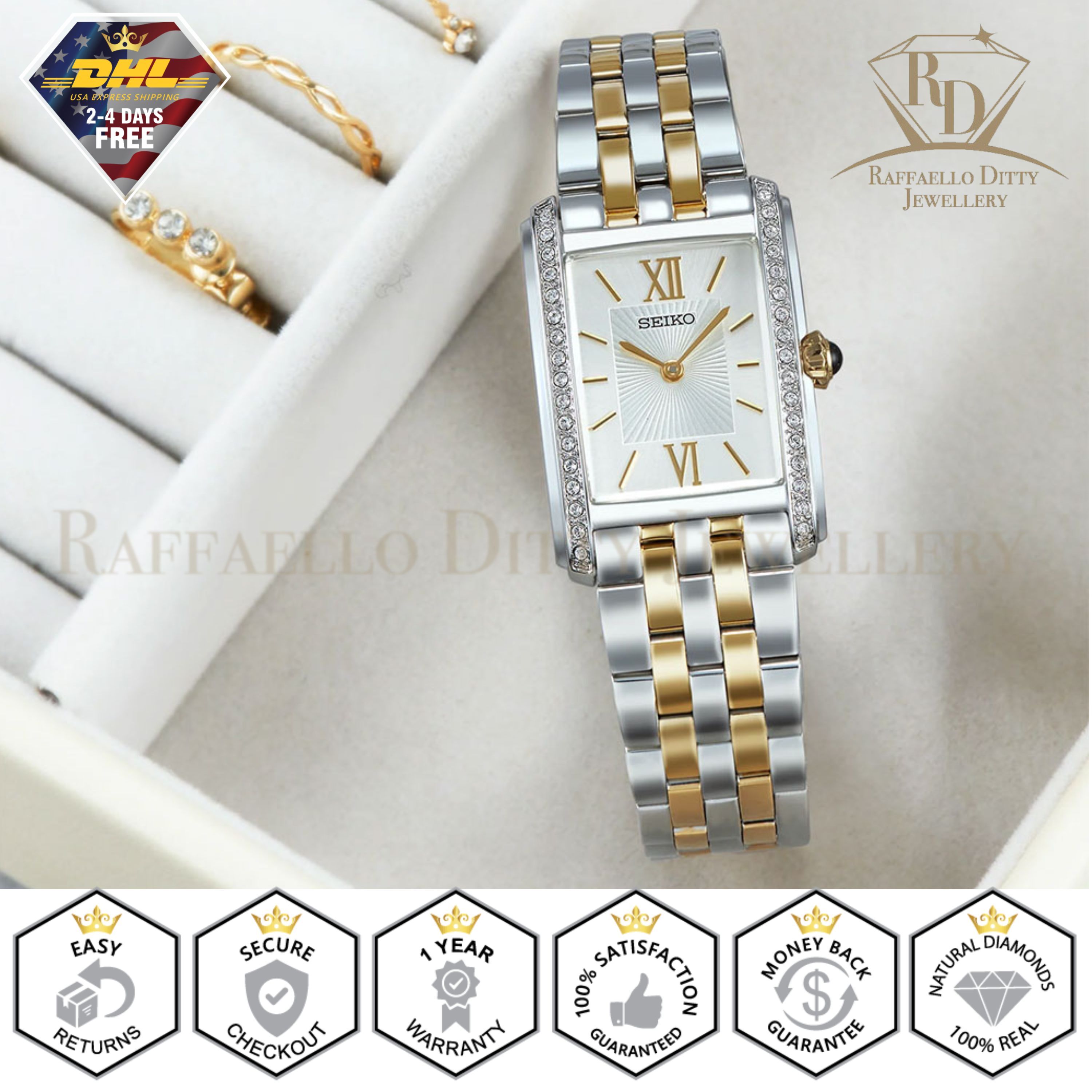 ヴィンテージ　セイコー　SEIKO　ストーン　レディース　ウォッチ　2 SEIKO Ladies Watch Rectangular Silver Dial Two Tone with