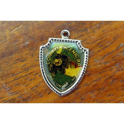 Vintage silver CONWAY SCENIC RAILROAD NEW HAMPSHIRE TRAVEL SHIELD charm #E28