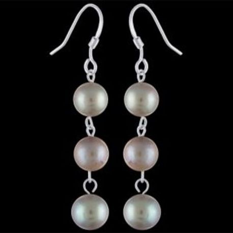 925 Sterling Silver Dangle Earrings Rhodium Plating 3 Grey Pearls Hook Links  