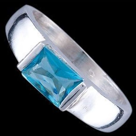 925 Sterling Silver Solitaire Ring Rectangle Light Blue Zircon Woman Gift Lady 