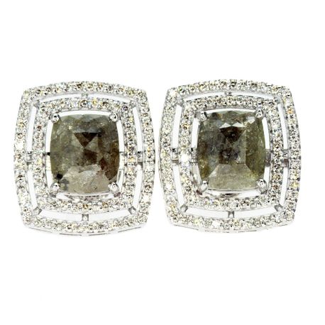 Rose Diamond Double Halo Earrings Fancy Green Cushion 14K White Gold 4.99 TCW