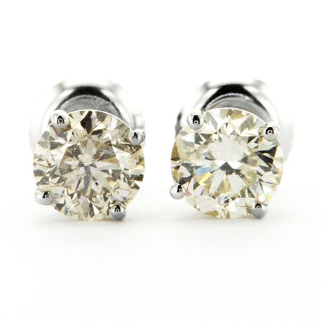 Real Diamond Stud Earrings Round Shape J/K I1 14K White Gold IGI Cert 1.80 Carat