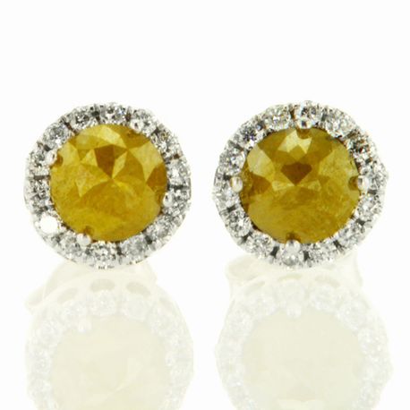 Rose-Cut Diamond Halo Earrings Round Natural Fancy Yellow 14K White Gold 1.32TCW
