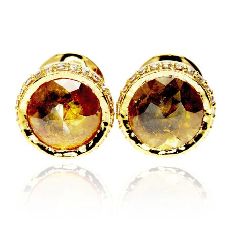 Rose Cut Diamond Halo Earrings Fancy Yellowish Orange 14K Yellow Gold 2.76 TCW