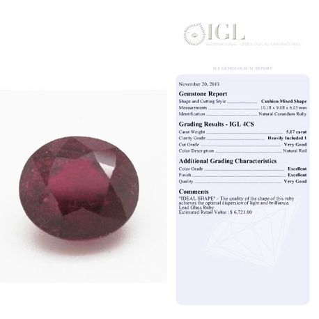 5.17 Carat Loose Gemstone Cushion Cut Ruby 10.18X9.08 MM