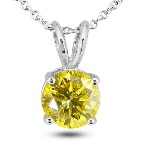 Ladies Diamond Solitaire Pendant Round Yellow Color Treated 14K White Gold SI1 1.08 Carat