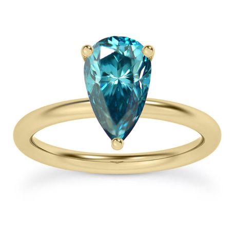 Pear Shape Diamond Wedding Ring Blue Treated 14K Yellow Gold IGI Cert 0.98 Carat