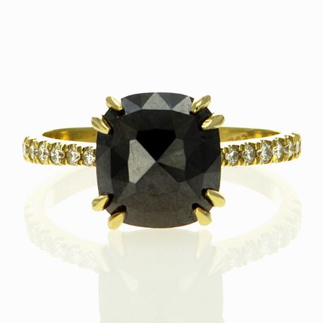 Black Diamond Alternative Engagement Ring With Accents 14K Yellow Gold Cushion Cut 3.68 TCW 