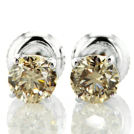 Real Diamond Solitaire Stud Earrings Round Champagne 14k White Gold 1.23 TCW