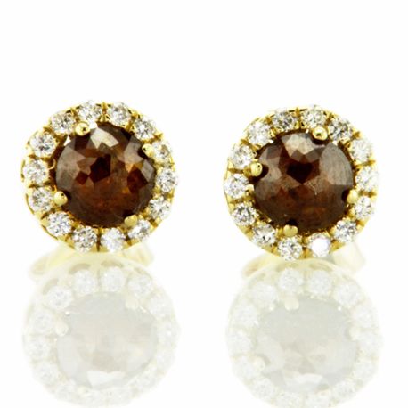 Rose-Cut Diamond Halo Earrings Round Fancy Orangy Brown 14K Yellow Gold 1.06 TCW 