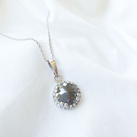 Rose Cut Diamond Halo Pendant Fancy Gray Round 14K White Gold 2.13 TCW