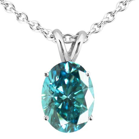 1 Carat Blue Oval Diamond Solitaire Pendant 14K White Gold