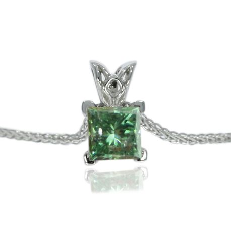 Real Diamond Solitaire Pendant Green Princess 14k White Gold 0.46 Carat 